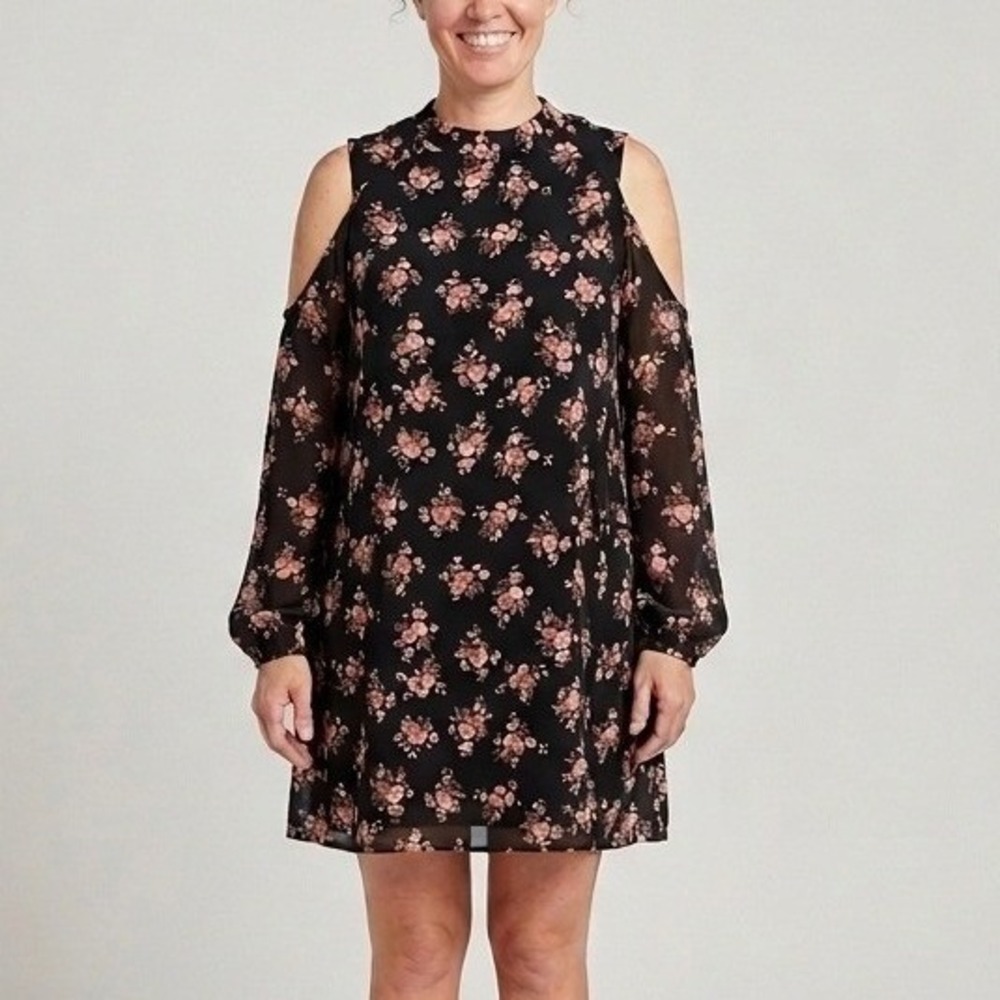 Floral Cold Shoulder Mini Dress Black Pink Mock Neck Open Back S F4569/HB03